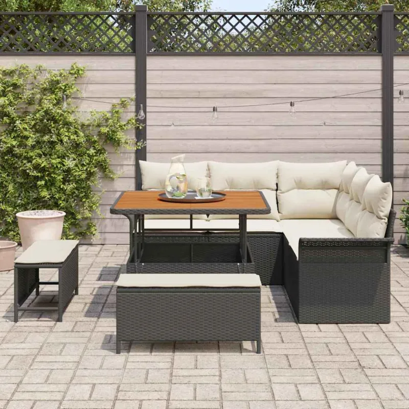 Sodo Sofų Rinkinys su pagalve su pagalve 8 pcs Juoda ir kreminė