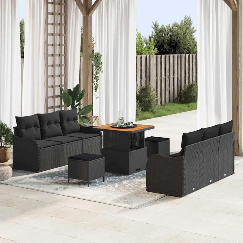 Sodo Sofų Rinkinys su pagalve su saugykla 9 pcs Juoda