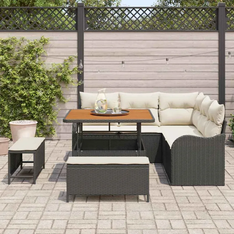 Sodo Sofų Rinkinys su pagalve su pagalve 8 pcs Juoda ir kreminė
