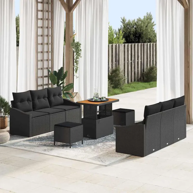 Sodo Sofų Rinkinys su pagalve su saugykla 9 pcs Juoda