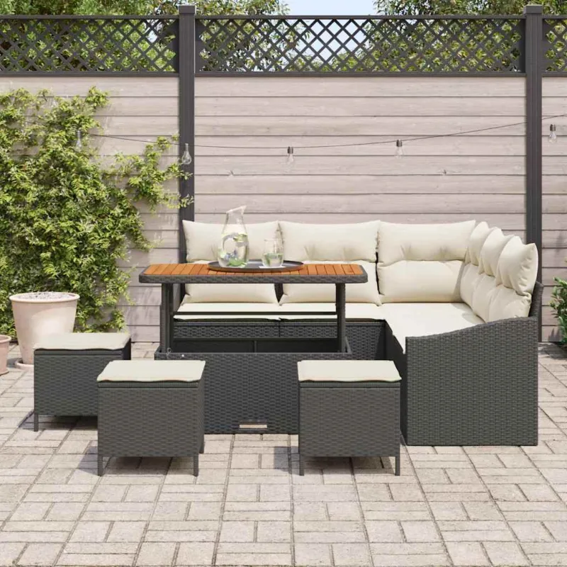 Sodo Sofų Rinkinys su pagalve 9 pcs Juoda Poli ratanas