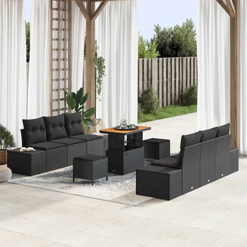 Sodo Sofų Rinkinys su pagalve 9 pcs Juoda Poli ratanas