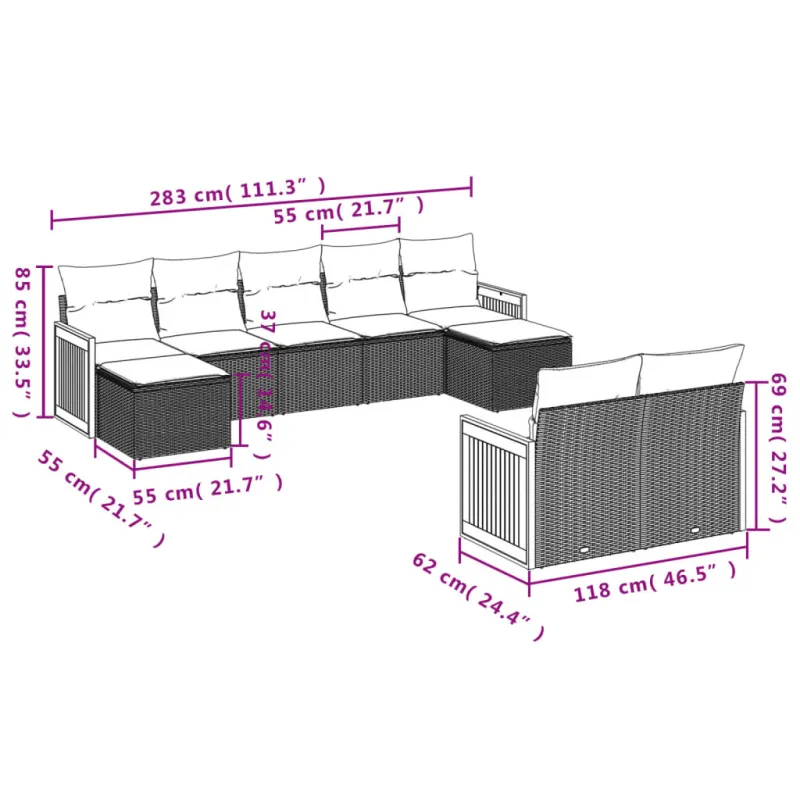 Sodo komplekti, 9 osaa, juoda, polyrattana, pehmusteilla