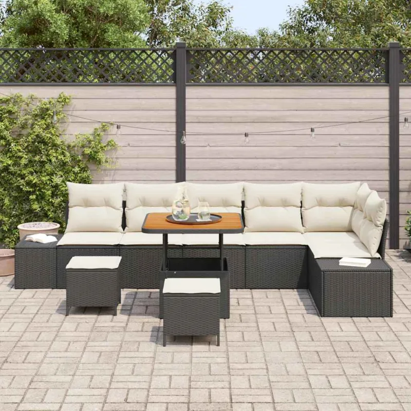 Sodo Sofų Rinkinys su pagalve 9 pcs Juoda Poli ratanas