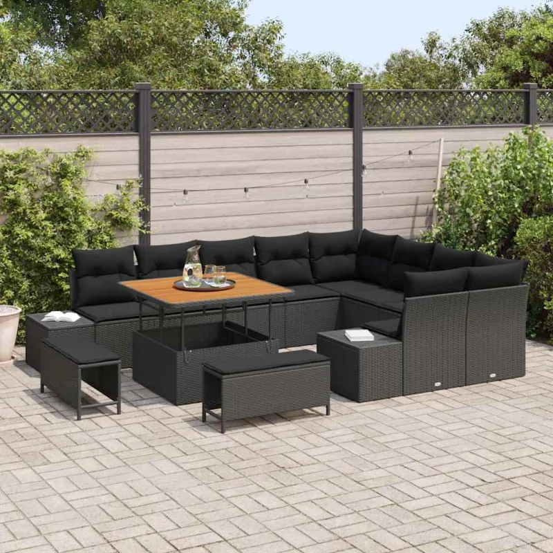 Sodo Sofų Rinkinys su pagalve 12 pcs Juoda Poli ratanas