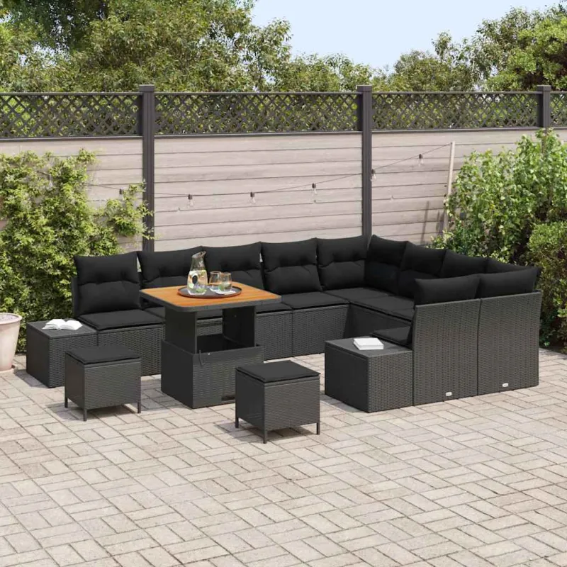 Sodo Sofų Rinkinys su pagalve 12 pcs Juoda Poli ratanas