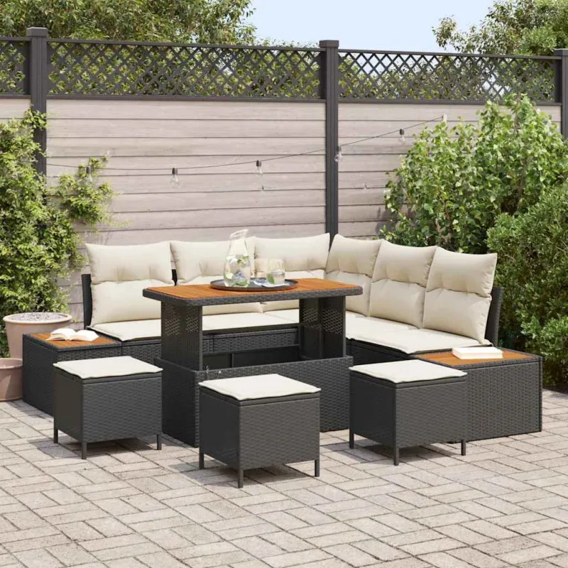Sodo Sofų Rinkinys su pagalve 9 pcs Juoda Poli ratanas