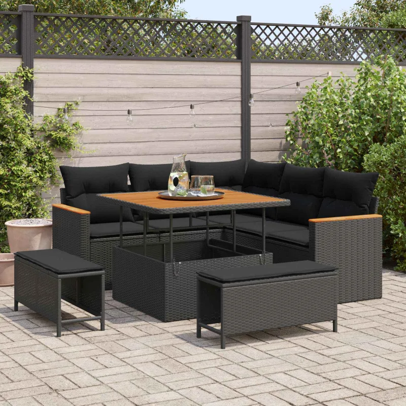 Sodo Sofų Rinkinys su pagalve 8 pcs Juoda Poli ratanas