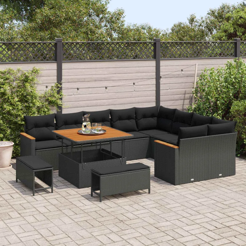 Sodo Sofų Rinkinys su pagalve 12 pcs Juoda Poli ratanas