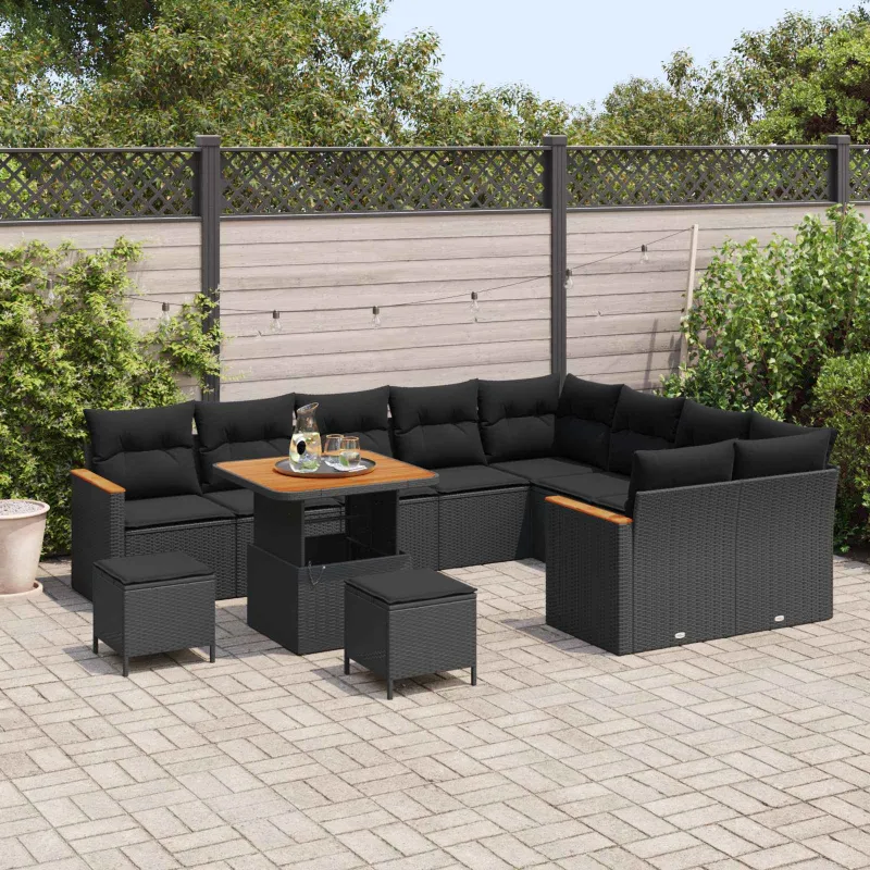 Sodo Sofų Rinkinys su pagalve 12 pcs Juoda Poli ratanas