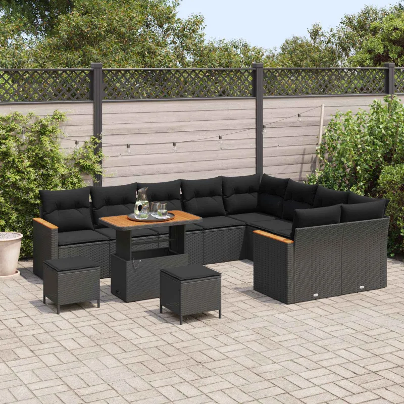 Sodo Sofų Rinkinys su pagalve 12 pcs Juoda Poli ratanas