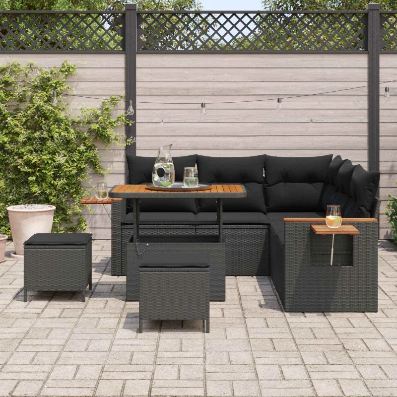 Sodo Sofų Rinkinys su pagalve 9 pcs Juoda poliratanas