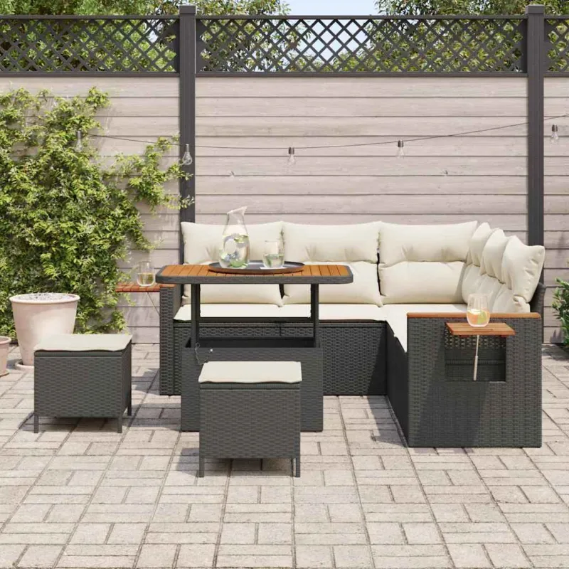 Sodo Sofų Rinkinys 9 pcs Juoda ir kreminė poliratanas