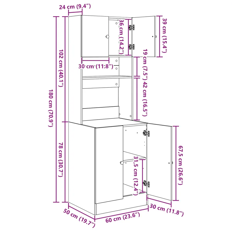 Virtuvės bufetai su lentyna 2 pcs Senas medis 60 x 50 x 180 cm