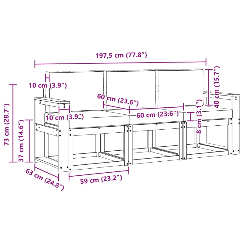 Lauko sofos komplektas 3 pcs Natūrali ir šviesiai pilka