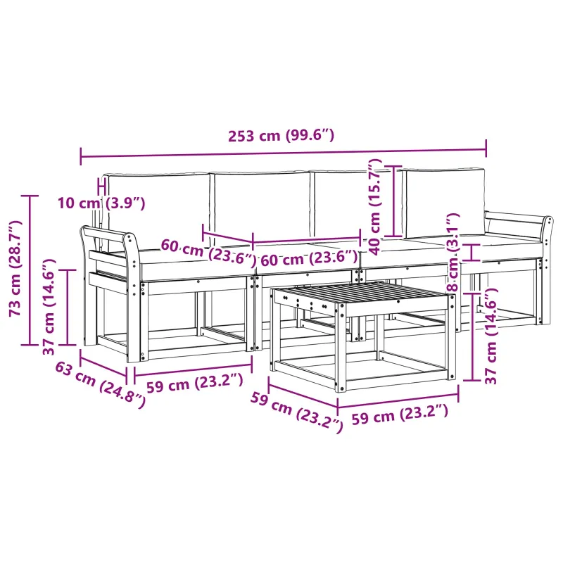 Lauko sofos komplektas 5 pcs Natūrali ir šviesiai pilka