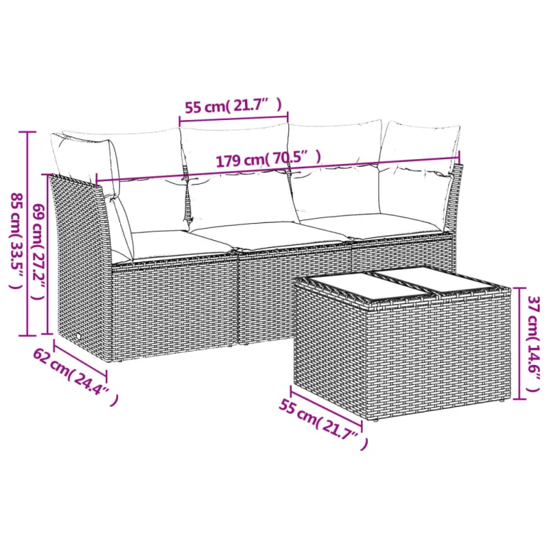 Soodekomplekti ja pehmusteet, 4-osaa, musta, polyrattana