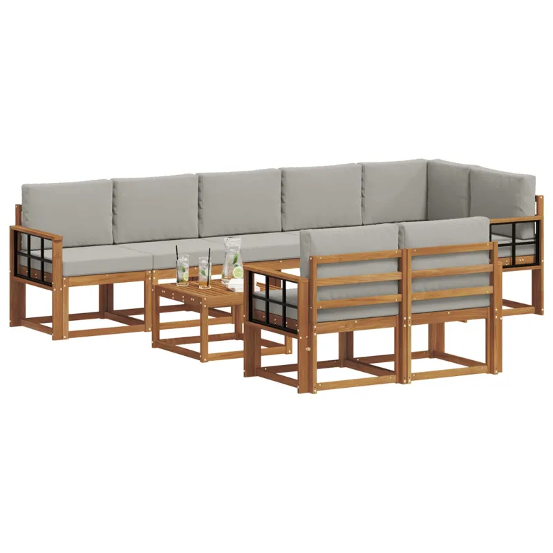 Lauko sofos komplektas 9 pcs Natūrali ir šviesiai pilka
