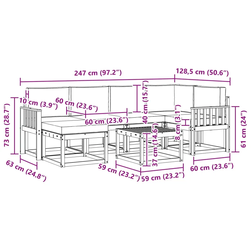 Lauko sofos komplektas 7 pcs Natūrali ir šviesiai pilka