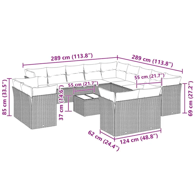 Sodo komplekti, 14 osaa, harmaa, polyrattani, pehmusteilla