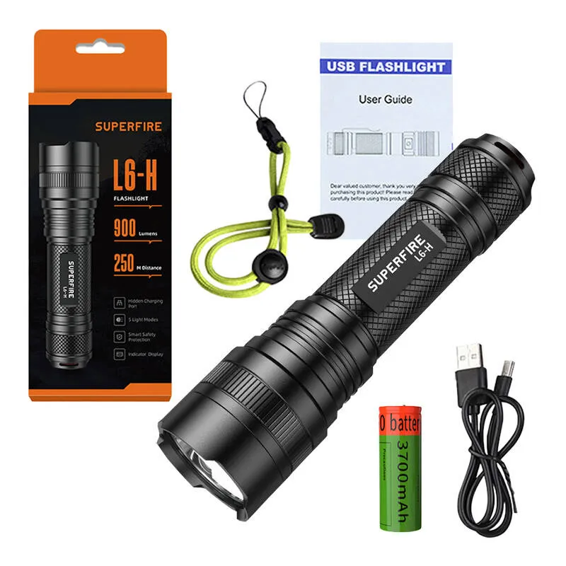 Superfire L6-H flashlight, 900 lm, 15W, USB-C, 5 modes universal