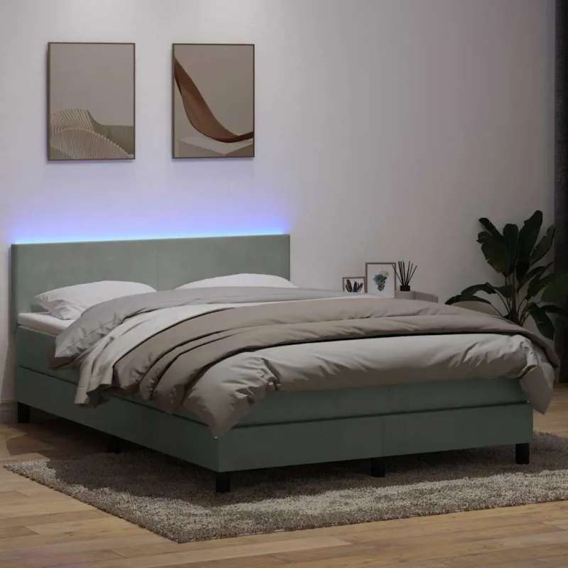 Lova su spyruokliniu/čiužiniu/LED, šviesiai pilka, 160x210 cm, aksomas