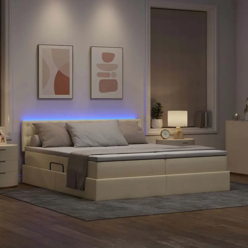 LED saugojimo lova su čiužiniu Kremas 200 x 200 cm Audinys