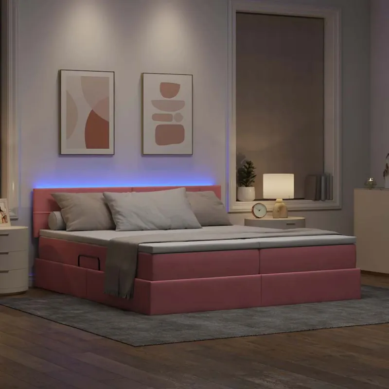 LED saugojimo lova su čiužiniu Rožinė 200 x 200 cm Aksomas