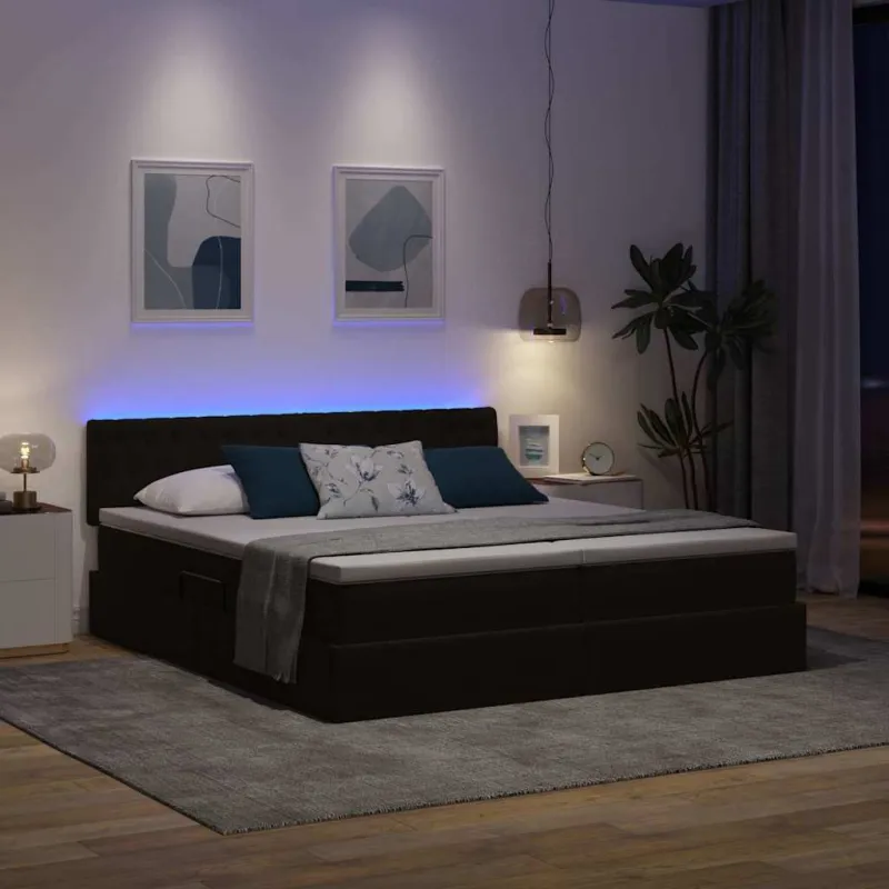 LED saugojimo lova su čiužiniu Juoda 180 x 200 cm Aksomas