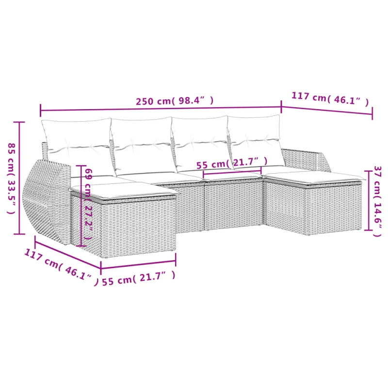 Sofakokonaisuus tyynyine, 6 osaa, harmaa, polyrataska