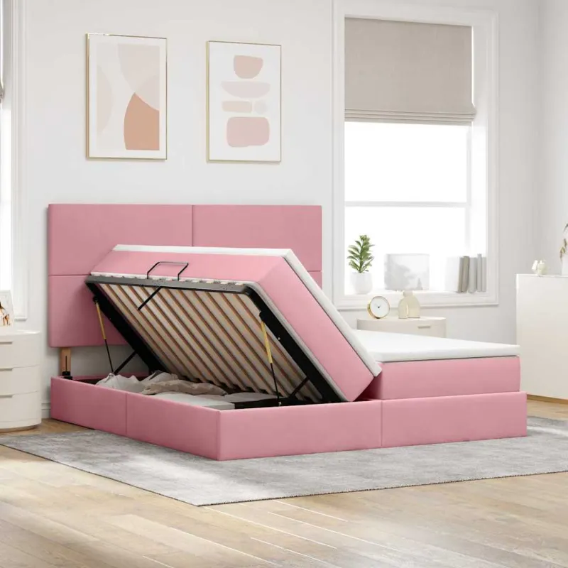 Saugos lova su čiužiniu su saugykla Rožinė 180 x 200 cm Aksomas