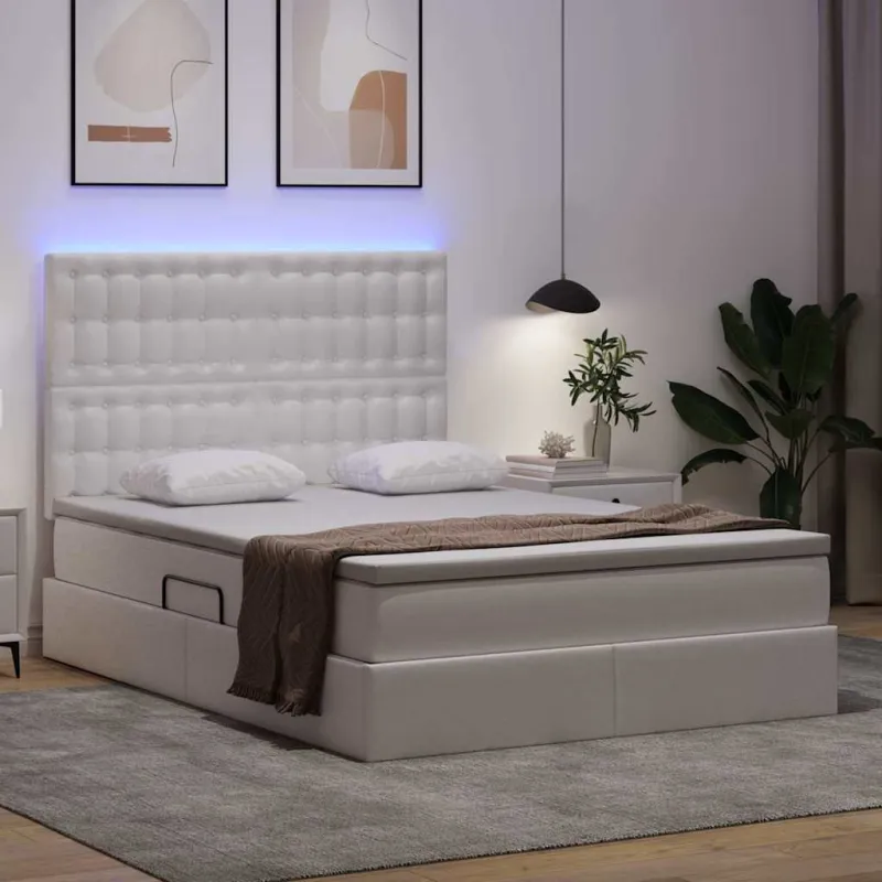 Lova su daiktų laikymo vieta ir LED Švari balta 140 x 190 cm