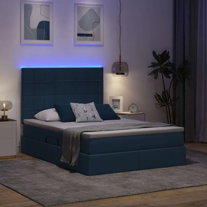 LED saugojimo lova su čiužiniu Mėlyna 140 x 200 cm Audinys