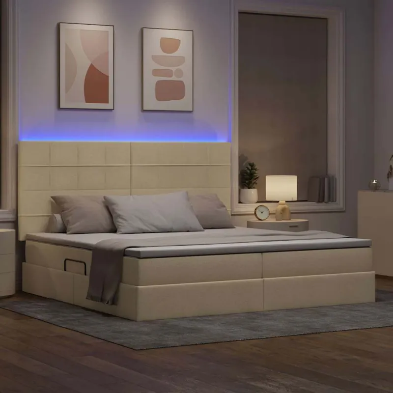 LED saugojimo lova su čiužiniu Kremas 200 x 200 cm Audinys