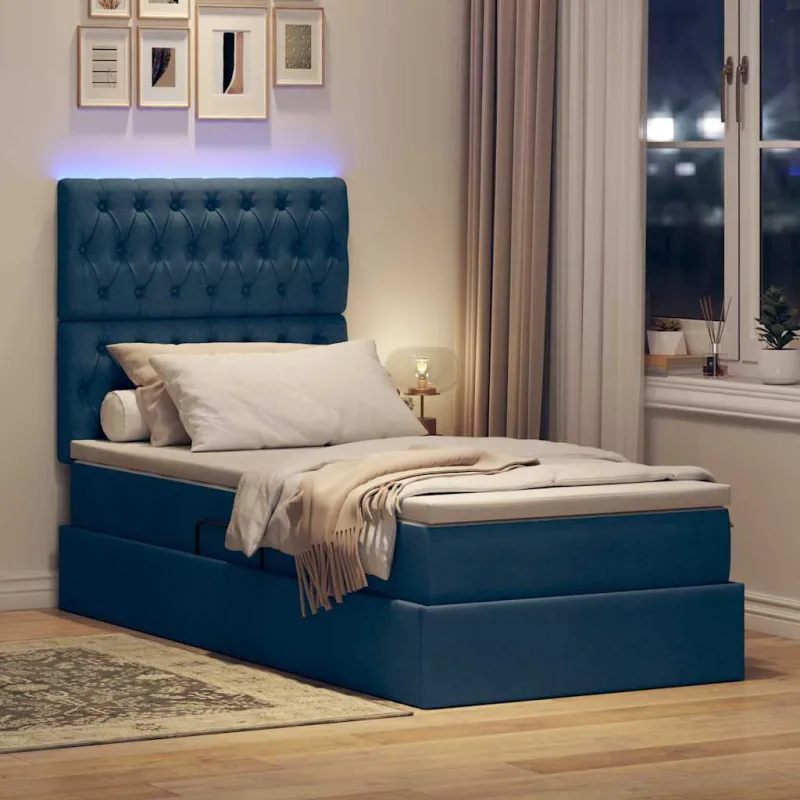 LED saugojimo lova su čiužiniu Mėlyna 100 x 200 cm Audinys