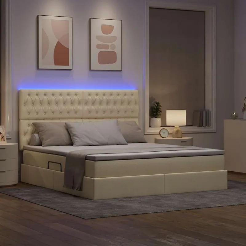 LED saugojimo lova su čiužiniu Kremas 180 x 200 cm Audinys