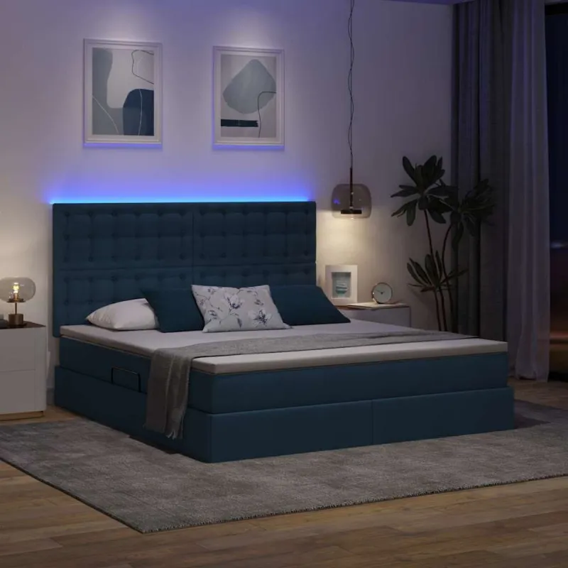 LED saugojimo lova su čiužiniu Mėlyna 160 x 200 cm Audinys