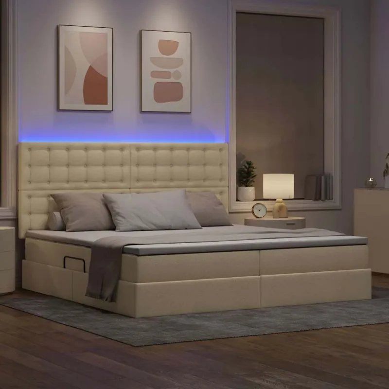 LED saugojimo lova su čiužiniu Kremas 200 x 200 cm Audinys