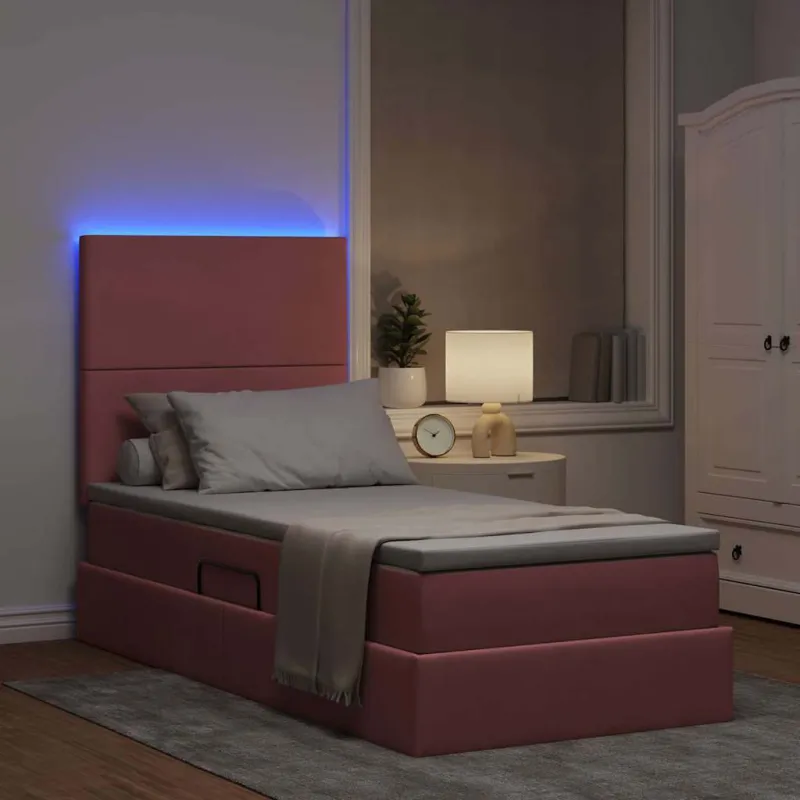 LED saugojimo lova su čiužiniu Rožinė 100 x 200 cm Aksomas