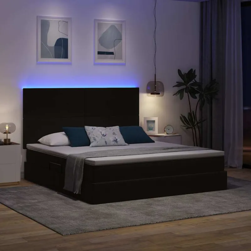 LED saugojimo lova su čiužiniu Juoda 160 x 200 cm Aksomas