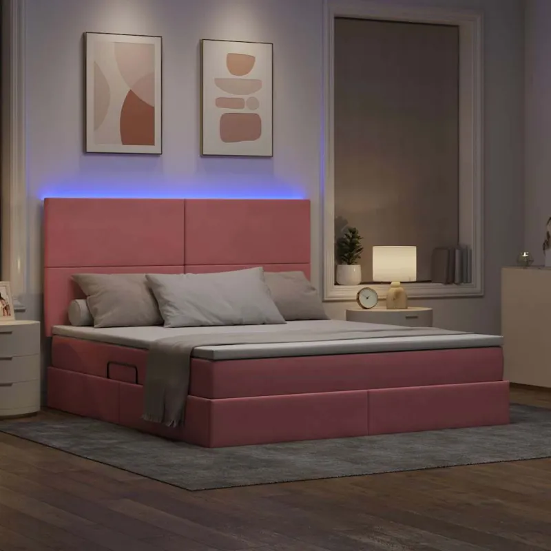 LED saugojimo lova su čiužiniu Rožinė 180 x 200 cm Aksomas