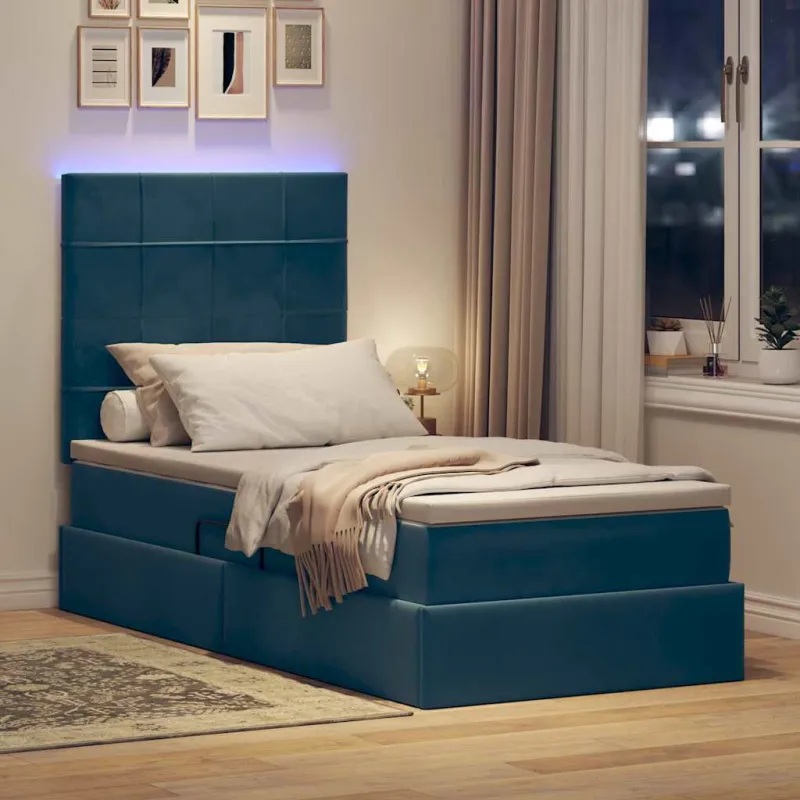 LED saugojimo lova su čiužiniu Tamsiai mėlyna 90 x 190 cm