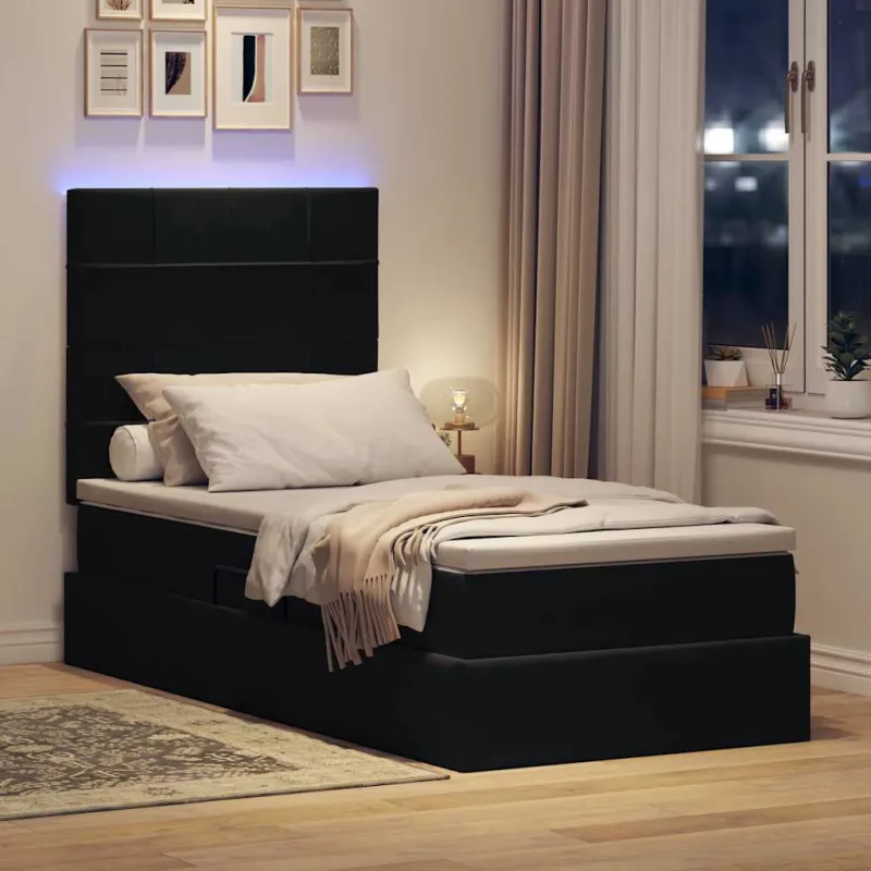 LED saugojimo lova su čiužiniu Juoda 100 x 200 cm Aksomas