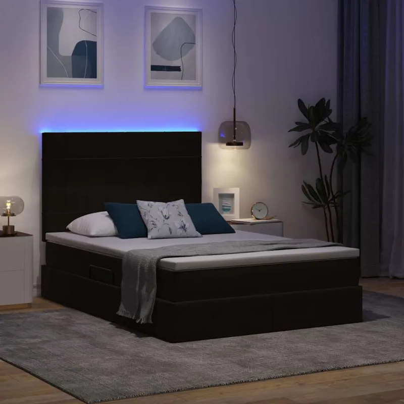 LED saugojimo lova su čiužiniu Juoda 140 x 190 cm Aksomas