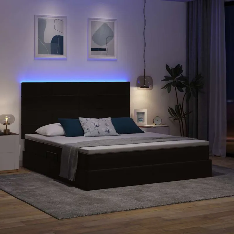 LED saugojimo lova su čiužiniu Juoda 180 x 200 cm Aksomas