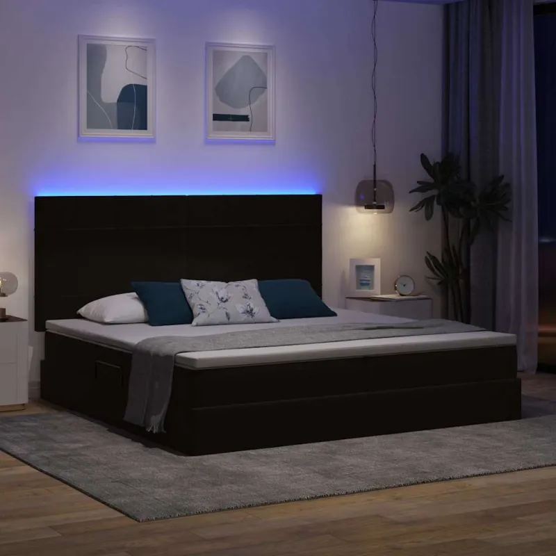LED saugojimo lova su čiužiniu Juoda 200 x 200 cm Aksomas