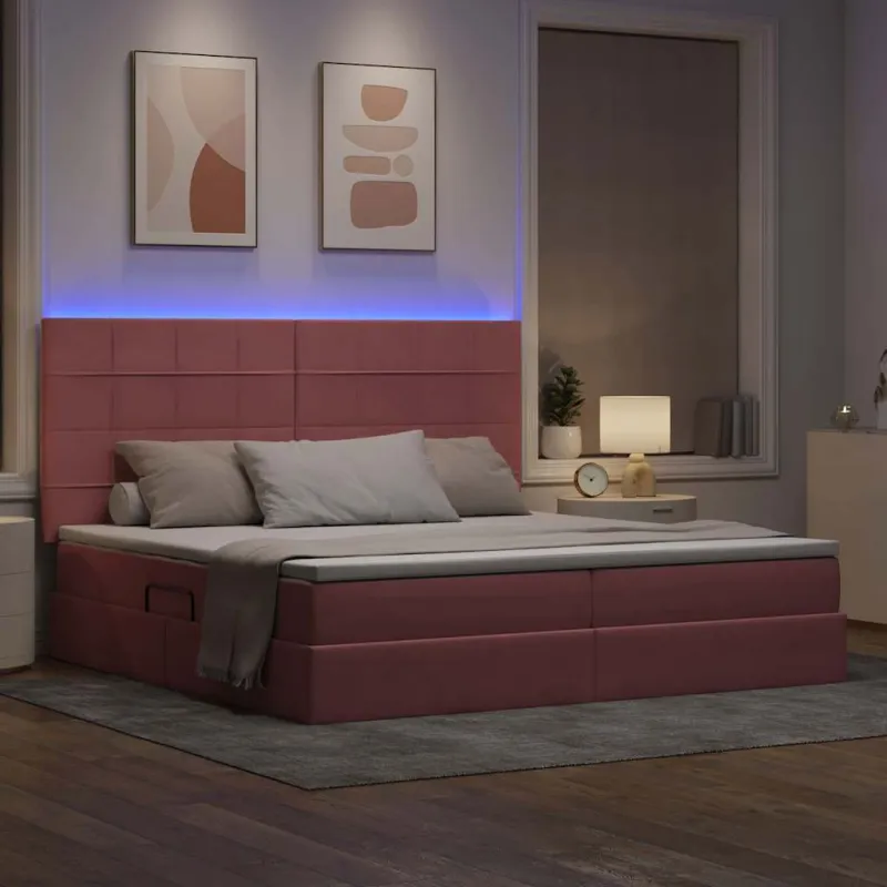 LED saugojimo lova su čiužiniu Rožinė 200 x 200 cm Aksomas