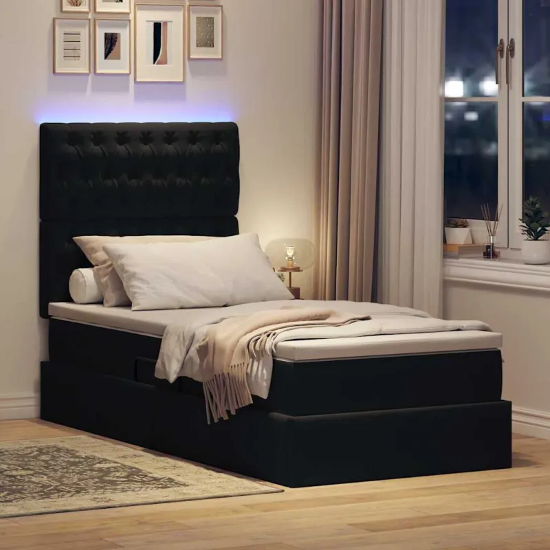 LED saugojimo lova su čiužiniu Juoda 100 x 200 cm Aksomas