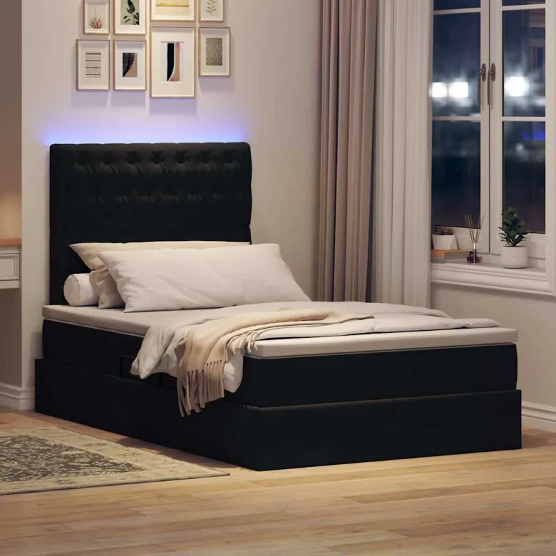 LED saugojimo lova su čiužiniu Juoda 120 x 200 cm Aksomas