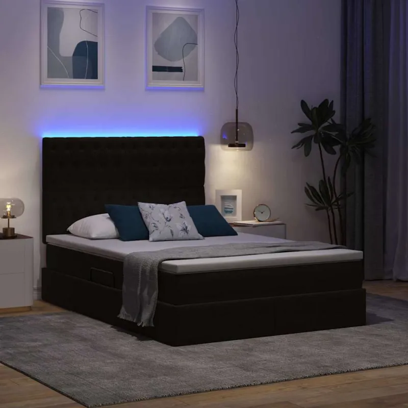 LED saugojimo lova su čiužiniu Juoda 140 x 190 cm Aksomas